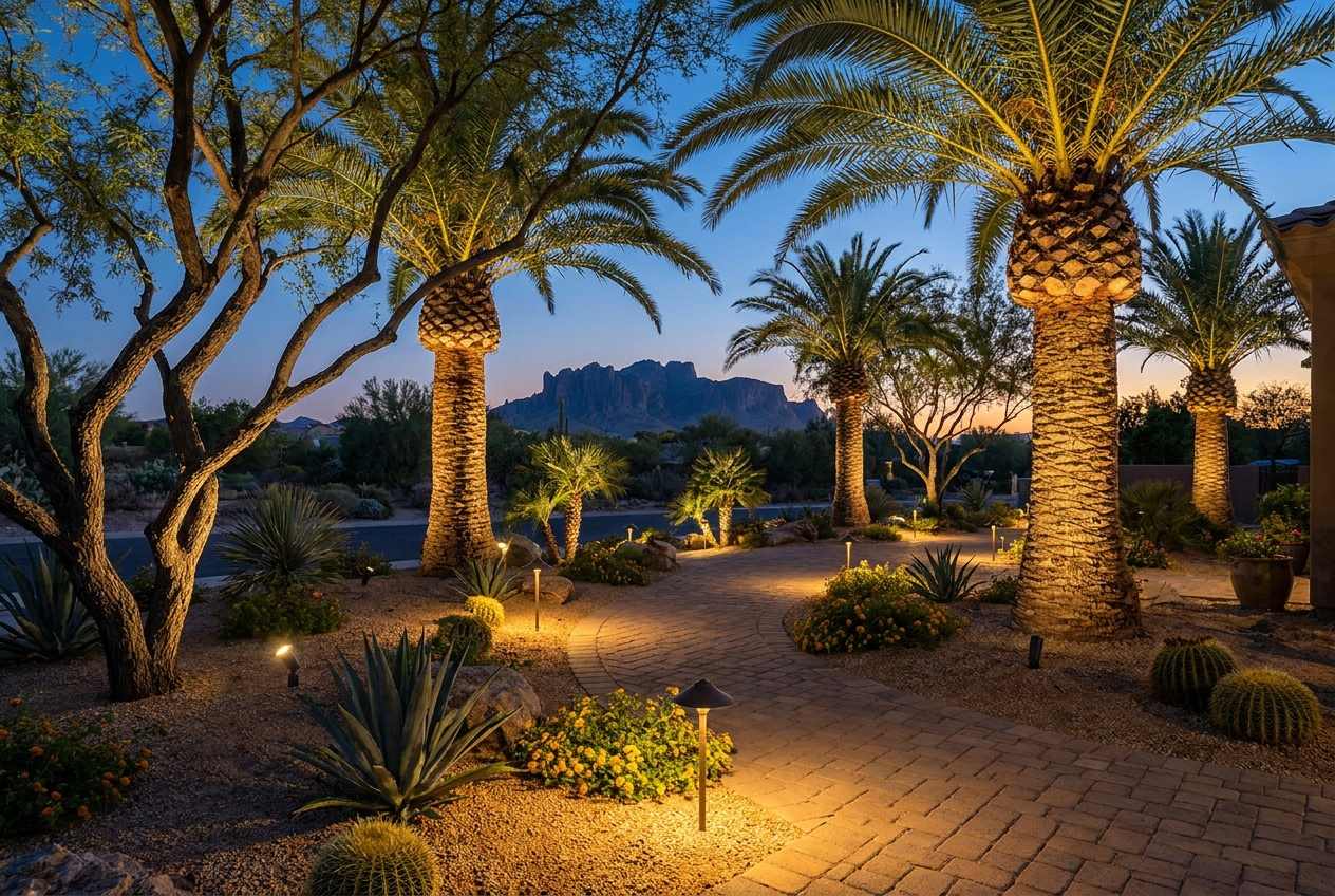 Landscape lighting at dusk in Mesa, AZ